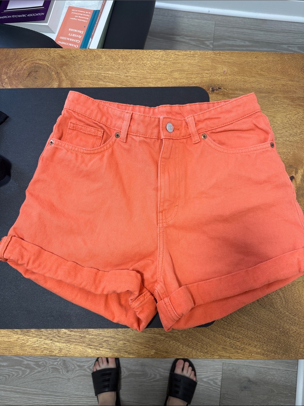 Monki Coral Orange High-Rise Rolled-Hem Jean Shorts